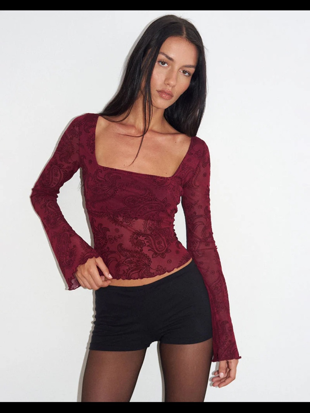 Motel Rocks Burgundy Paisley Mesh Square-Neck Long Sleeve Top